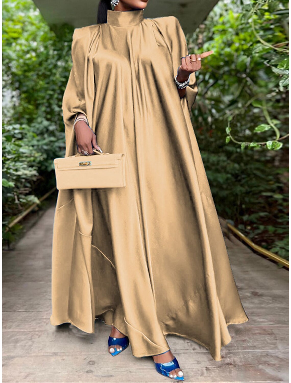 Robe de bal Weitese pour femme, robe de soirée, robe en satin, robe longue, robe longue, noir, jaune, rose, sans manches, couleur unie, froncée, été, printemps, automne, col montant, mode, anniversaire, soirée, fête, mariage, invité